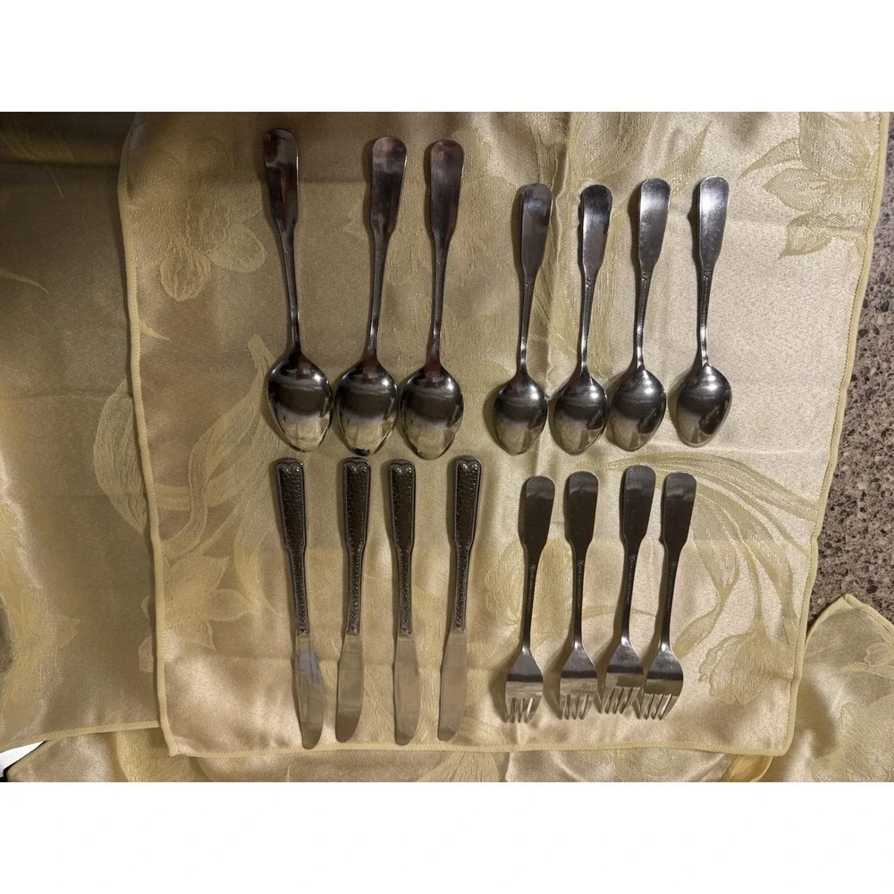 Vintage Orleans Silver ORL32 Stainless Flatware Hammered Handle Japan 15pc MCM
